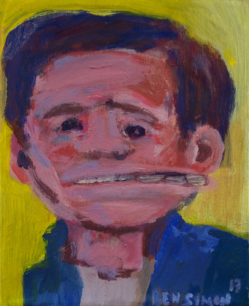 Ben Simon, Blue Shirt Wide Grin, acrylic paint on canvas, 28 x 22cm